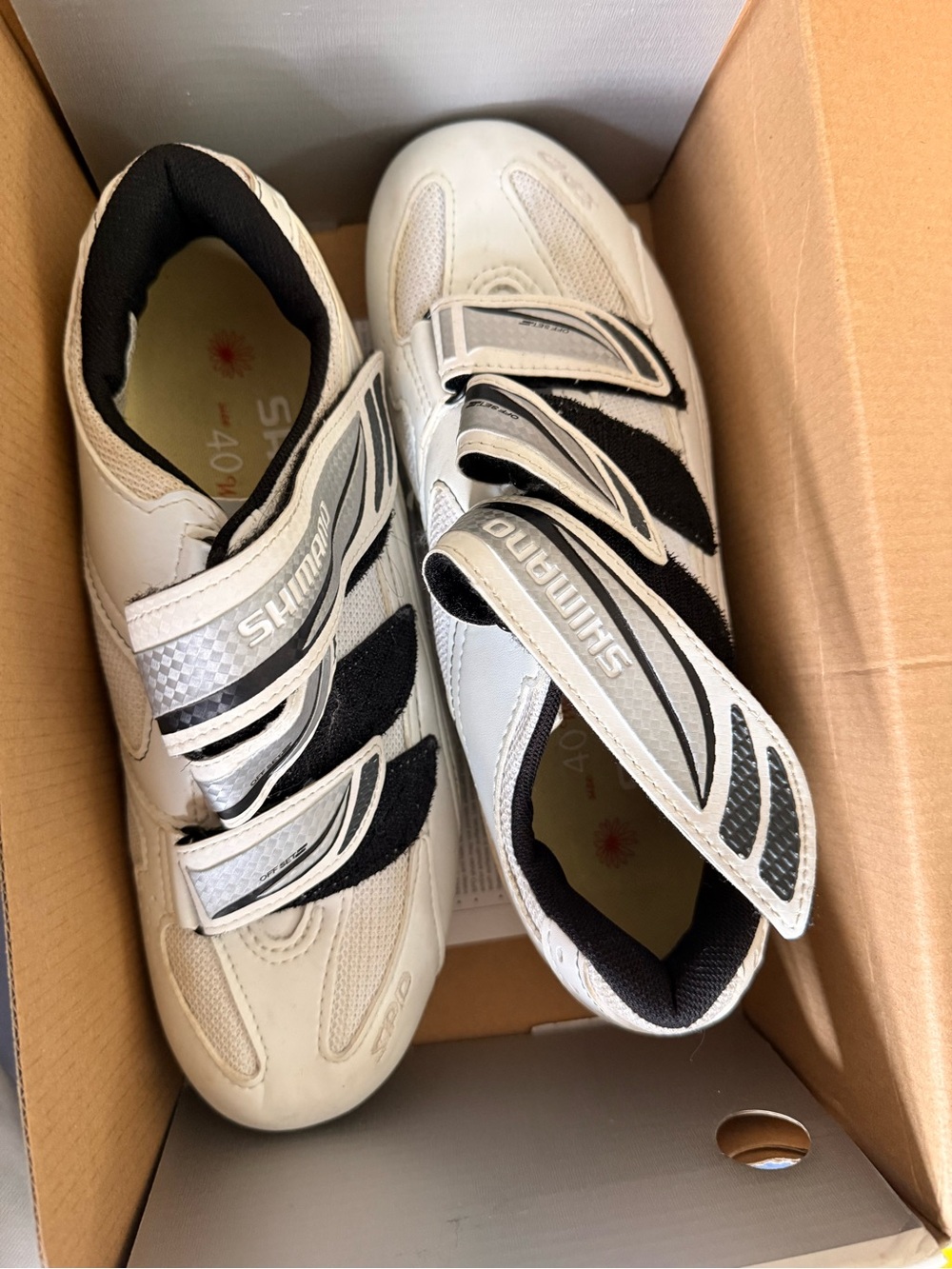 Shimano White and Black Road Cycling Shoes with Triple Velcro Straps